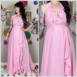 Vintage 1970s Bubblegum Pink Ruffled Halter Maxi Dress